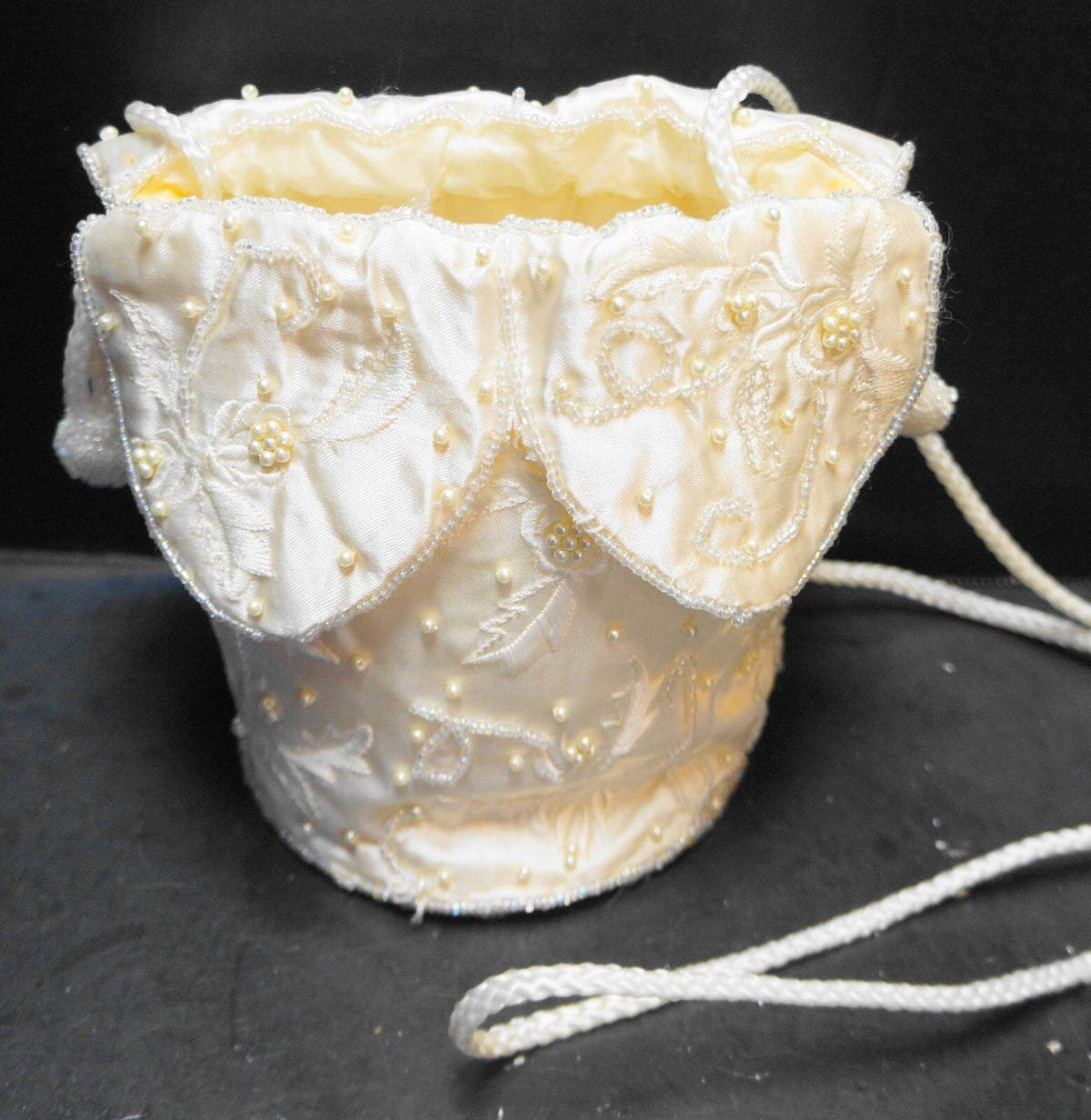 Cream Satin Beaded Drawstring Pouch Purse Evening Bag