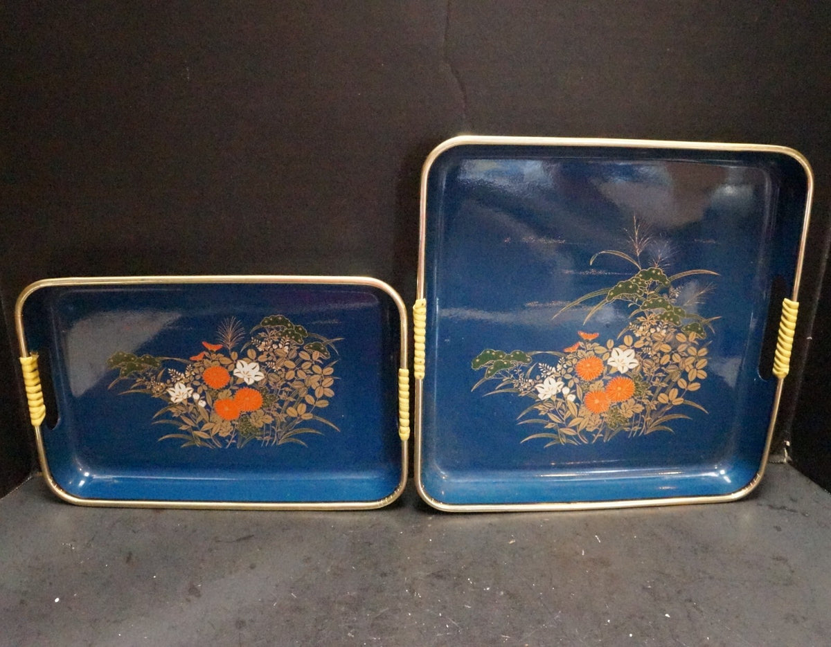 Blue Lacquerware Trays Square Rectangle Set Orange Gold Flowers Japan