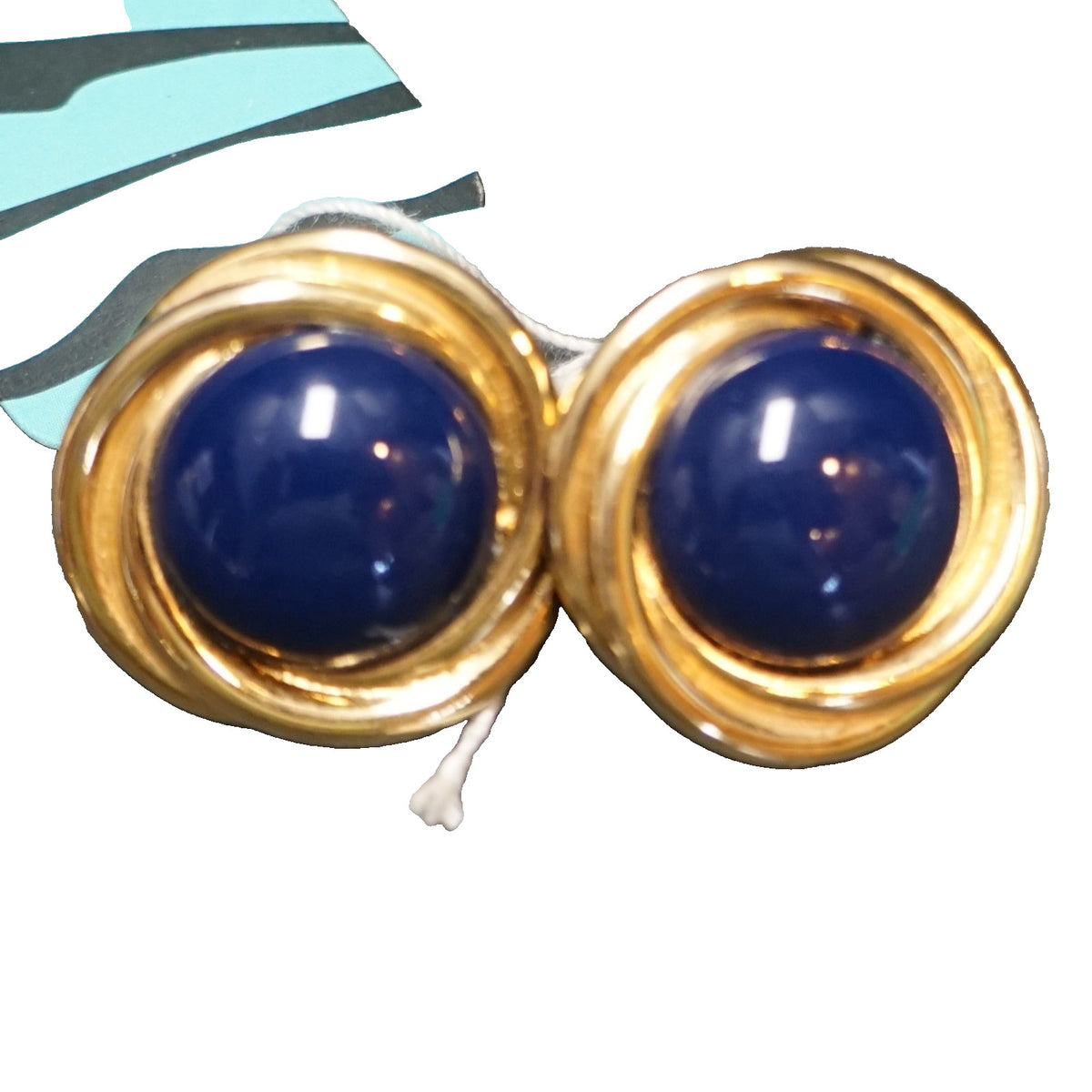 Trifari Navy Blue Lucite Cab Gold Tone Rope Clip Earrings