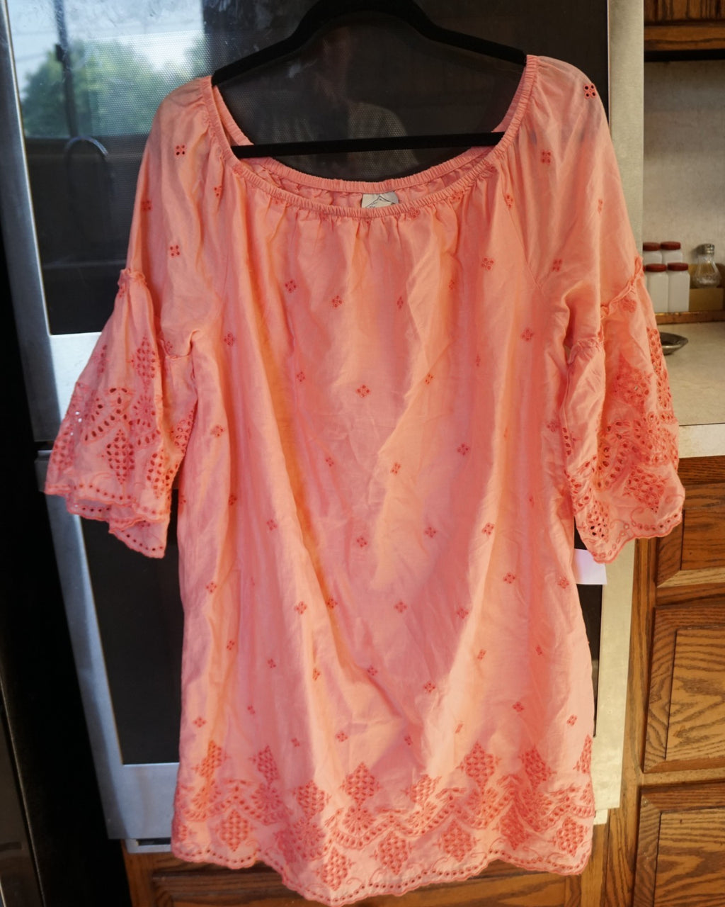 St Johns Bay Women Cotton Embroidered Top/dress Large Sugar Coral Bell Sleeves