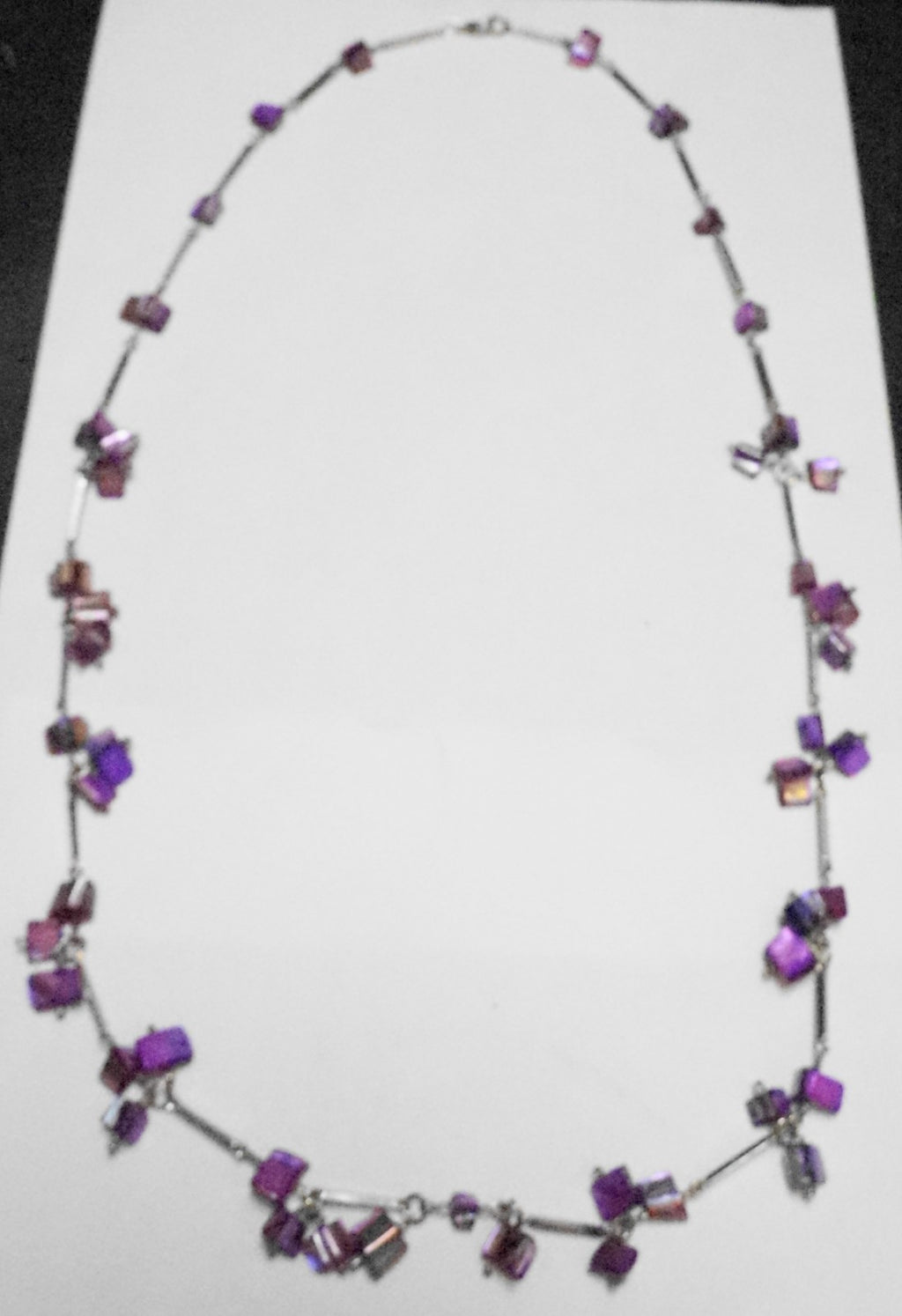 Purple Lavender Mother of Pearl Chip Silver Tone Tube Chain Necklace
