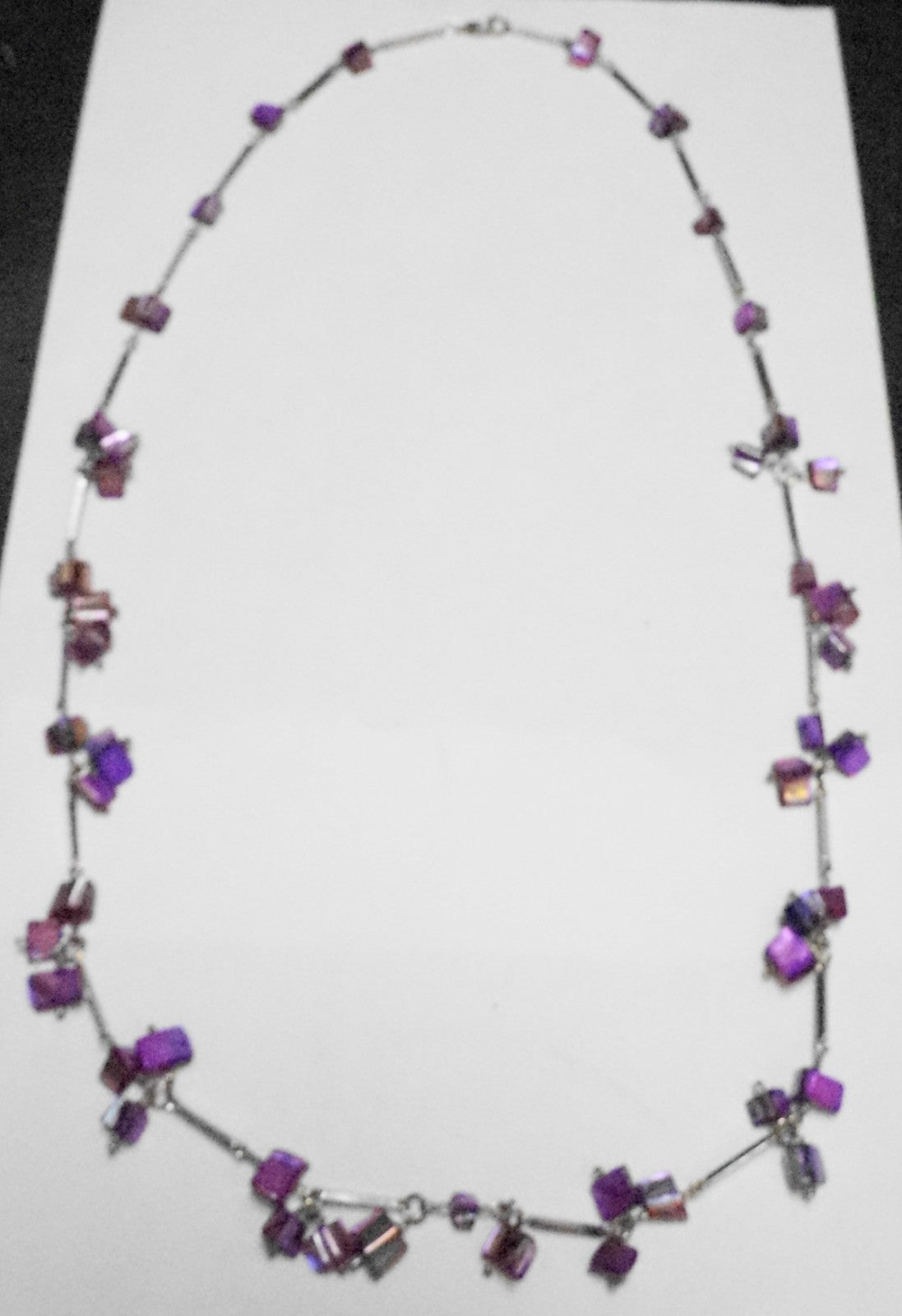 Purple Lavender Mother of Pearl Chip Silver Tone Tube Chain Necklace