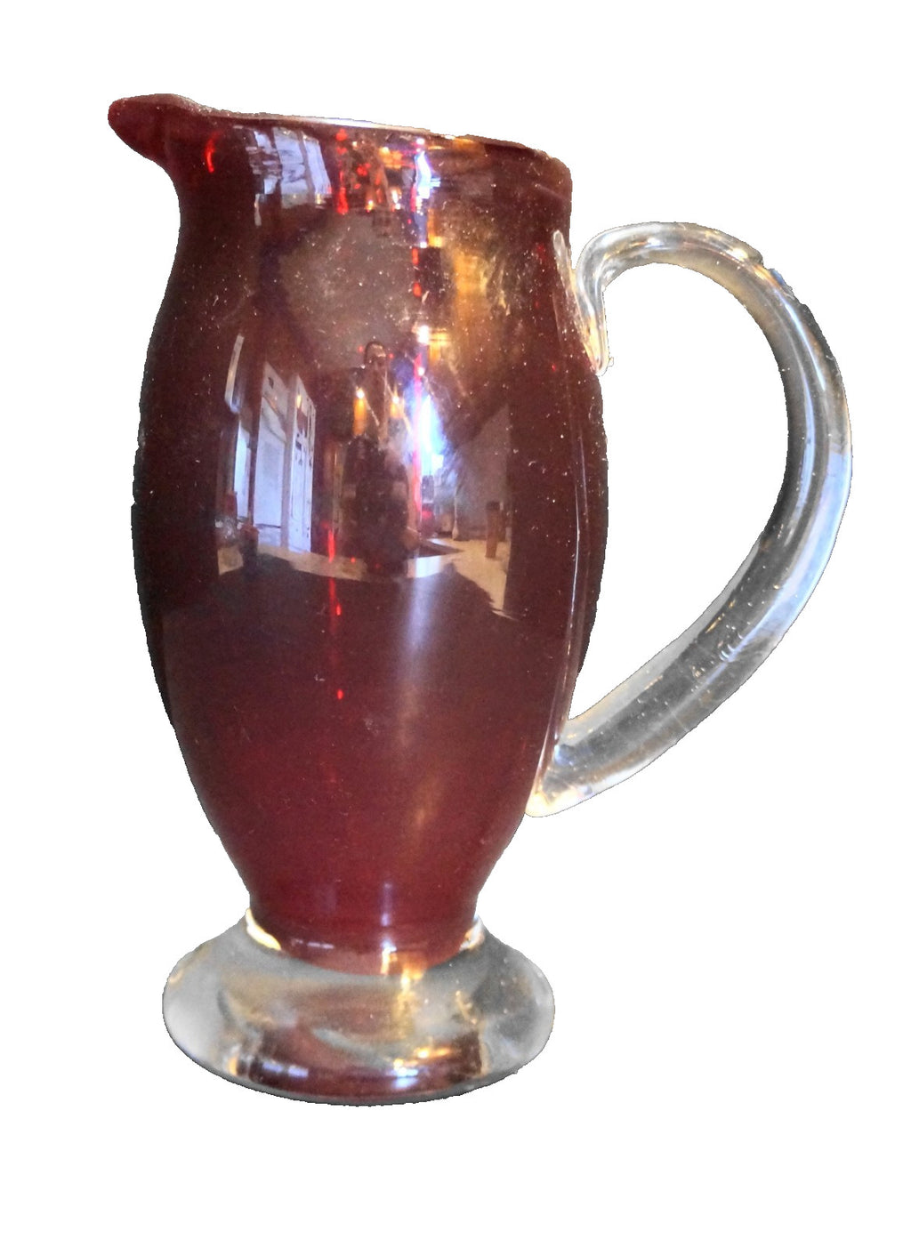 Deep Ruby Red Art Glass Blown Pitcher Vase Clear Applied Handle Foot
