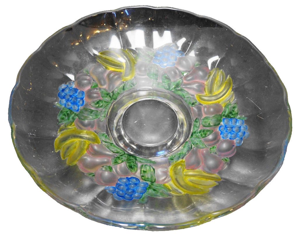 Indiana Glass Garland Banana Fruits Blue Green Stained Footed Low Bowl 12 IN