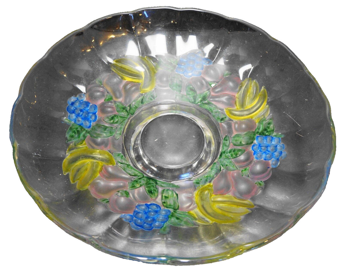 Indiana Glass Garland Banana Fruits Blue Green Stained Footed Low Bowl 12 IN