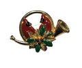 French Horn Christmas Pin Gold Tone Red Enamel Cardinals Poinsettia