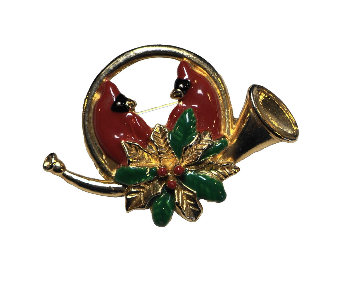 French Horn Christmas Pin Gold Tone Red Enamel Cardinals Poinsettia