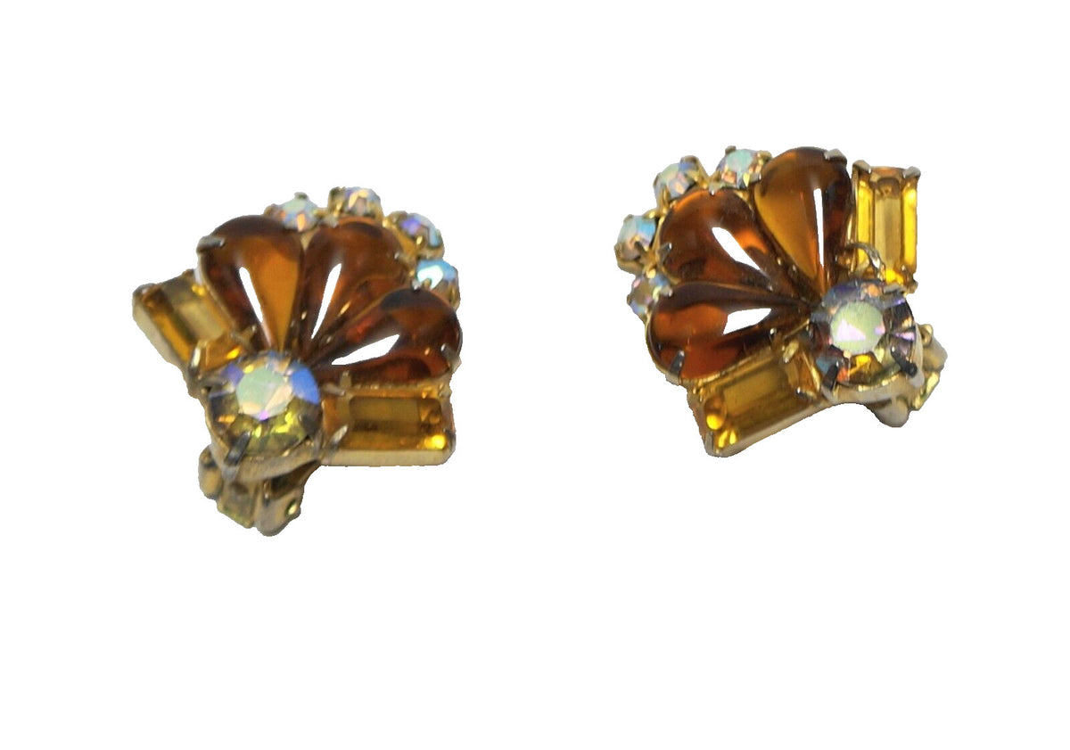 Amber Topaz Aurora Borealis Rhinestone Clip Earrings