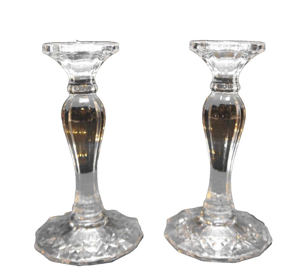 Neiman Marcus Crystal Ribbed Crosshatch Diamond Foot Candle Sticks Pair