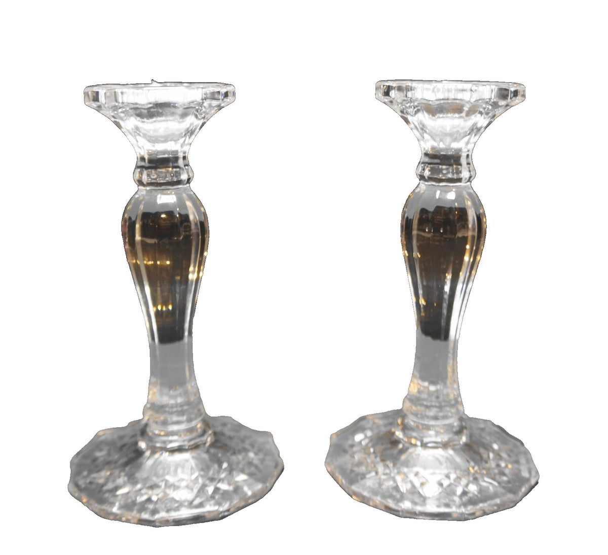 Neiman Marcus Crystal Ribbed Crosshatch Diamond Foot Candle Sticks Pair