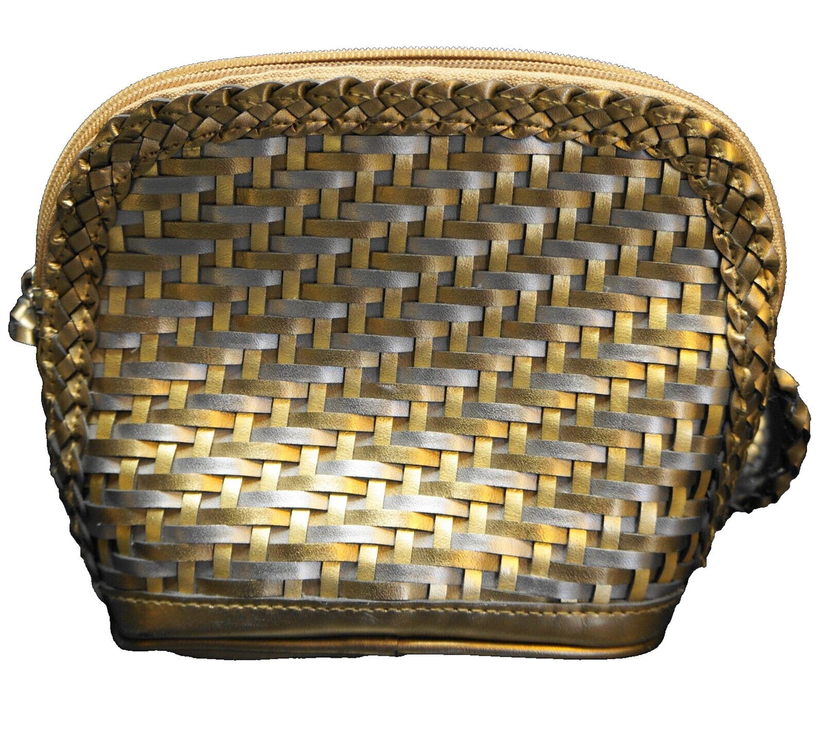 1980s Metallic Faux Leather Woven Purse Gold Silver Bronze