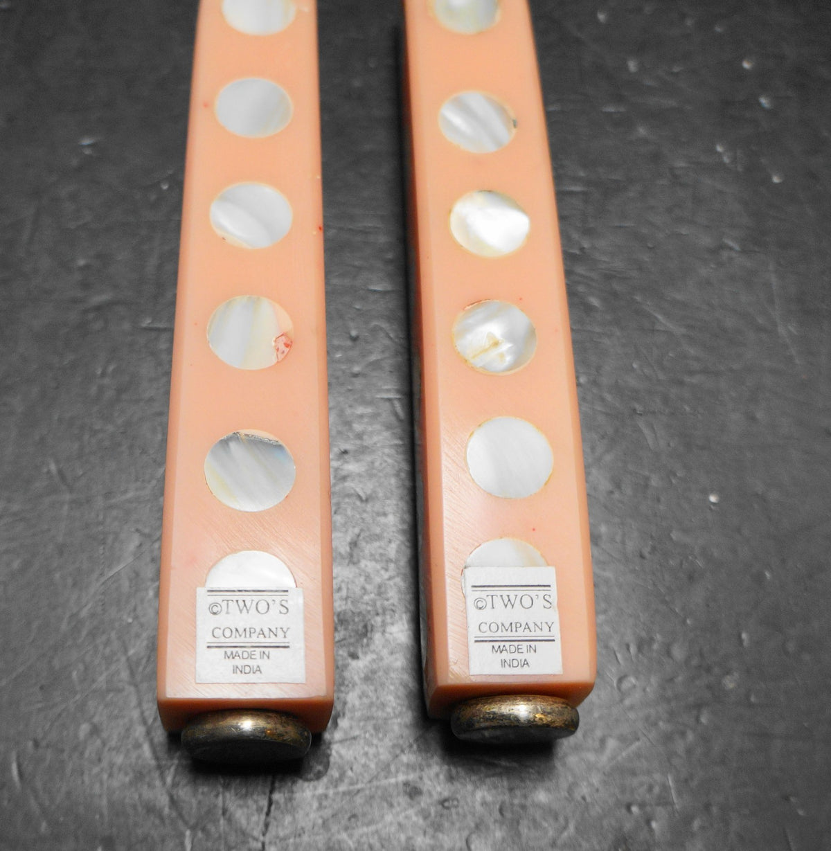 Two's Company Circles of Pearl Pink Handles Silverplated Salad Servers Fork Spoon