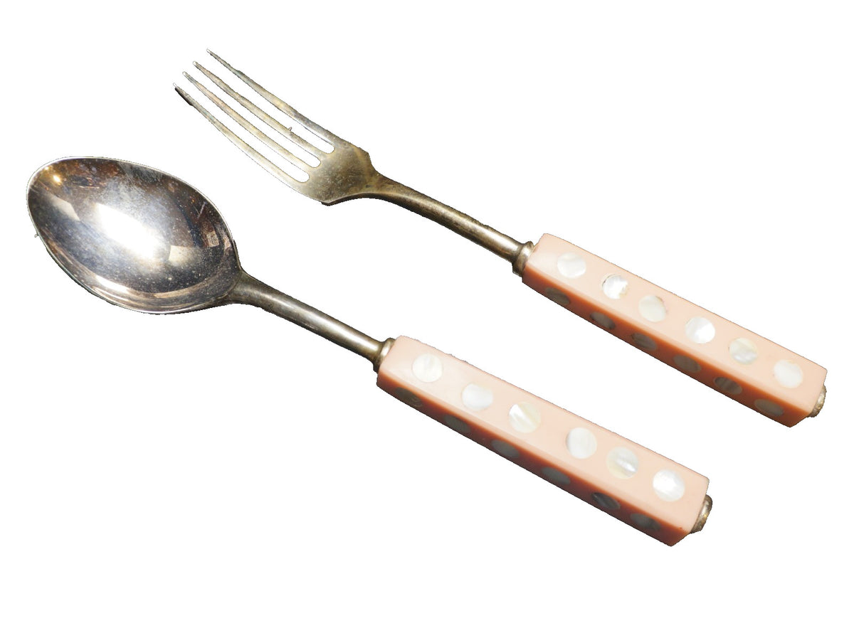 Two's Company Circles of Pearl Pink Handles Silverplated Salad Servers Fork Spoon