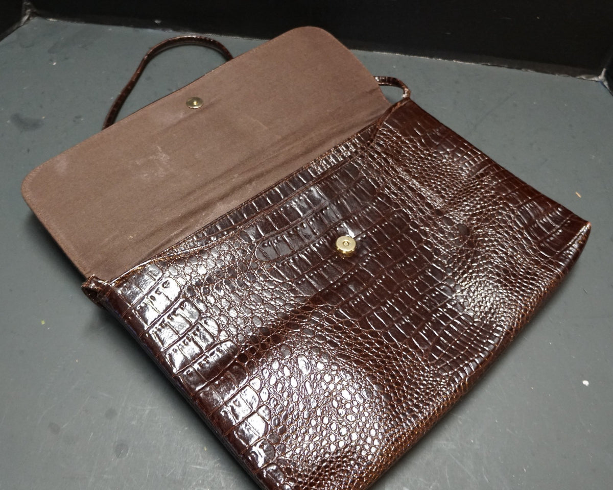 Dark Brown Moc Crock Patent Imitation Leather Shoulder Bag Purse Taiwan
