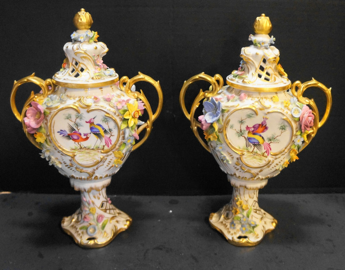 Von Schierholz Urns Pierced Applied Flowers Hand Painted Pheasants