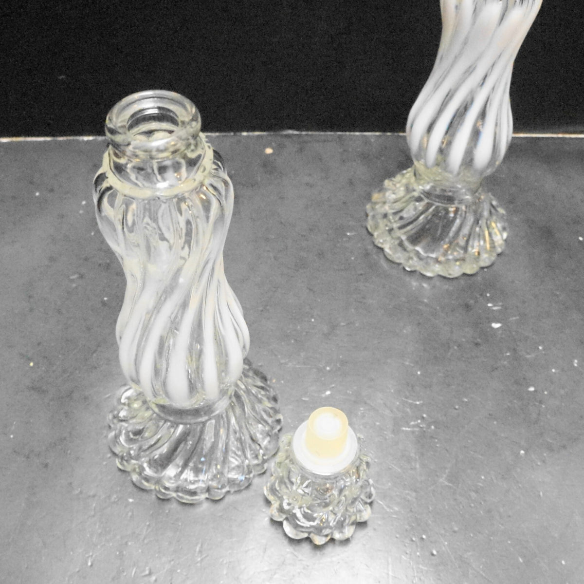 Fenton or Fostoria for Avon Opalique Clear White Opalescent Swirl Candle Holders Cologne Bot