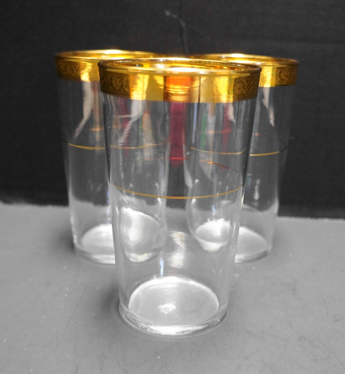 Federal Glass Gold Rim Floral Etched Tumblers Set of 3