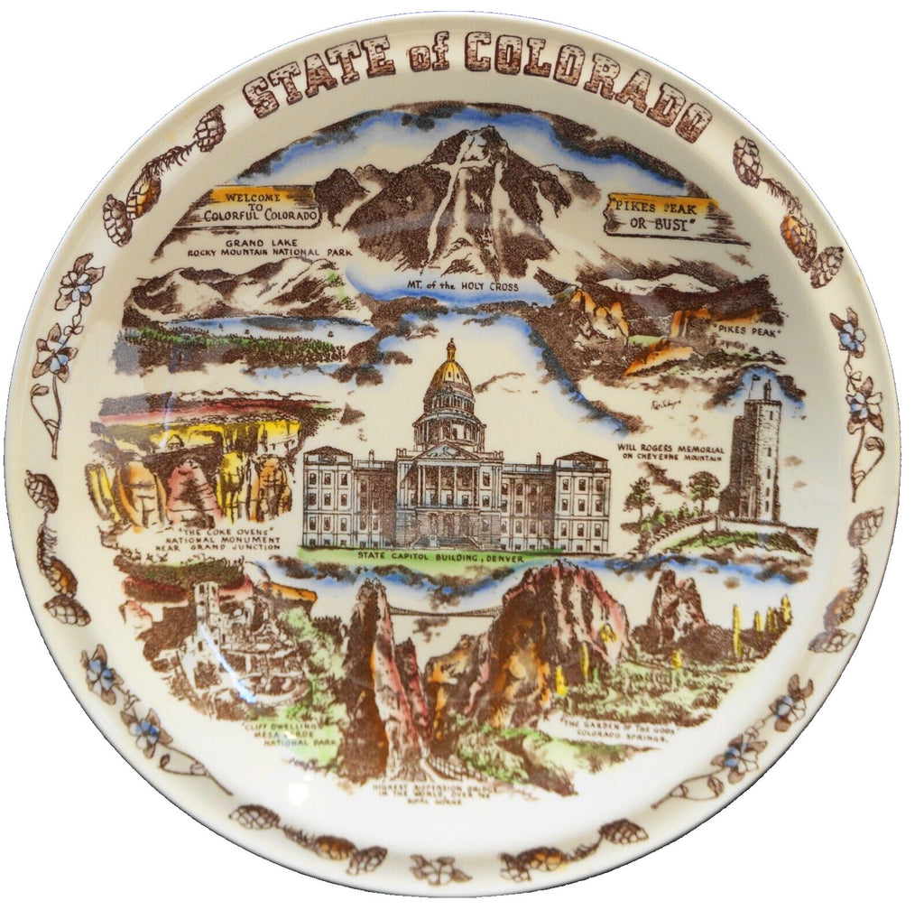 Vernon Kilns Colorado State Souvenir Plate Color Tinted California Pottery