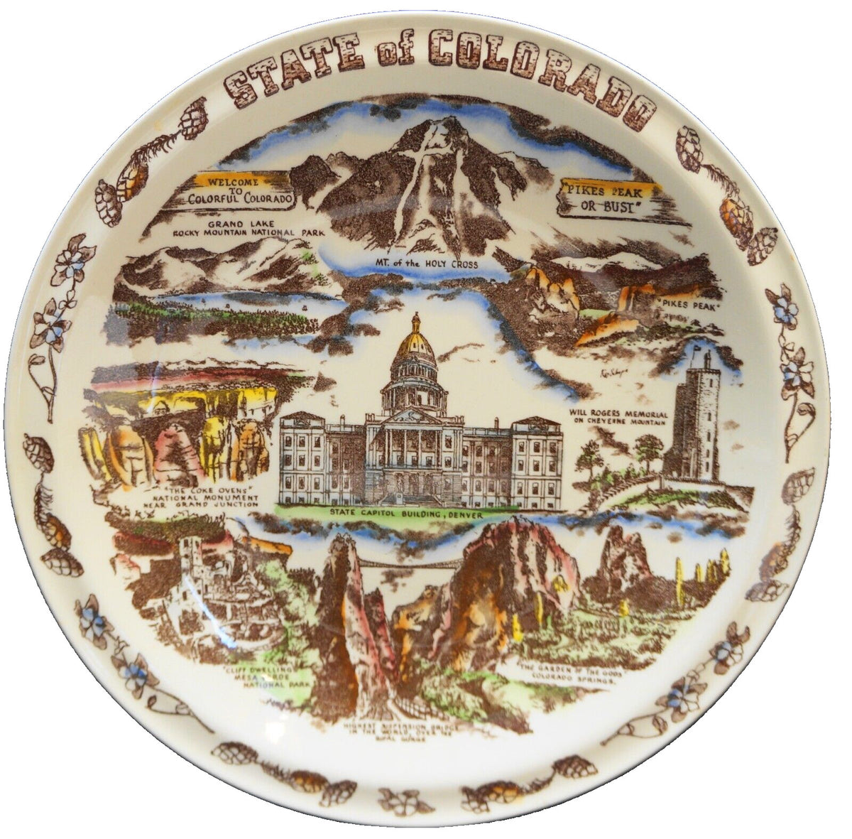 Vernon Kilns Colorado State Souvenir Plate Color Tinted California Pottery
