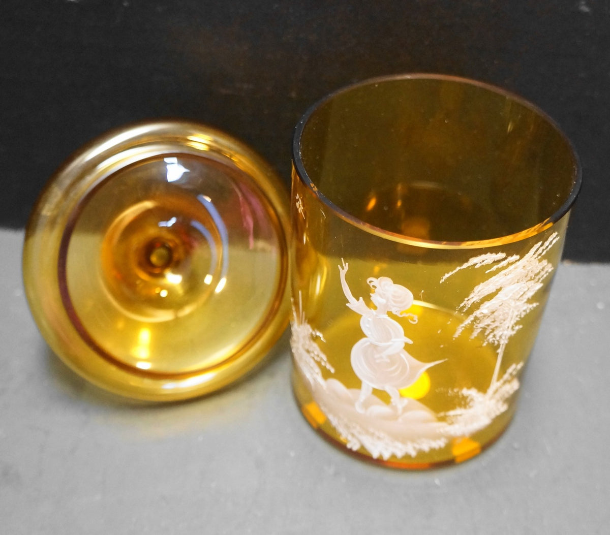 Mary Gregory White Enamel Hand Painted Amber Glass Small Jar West Germany