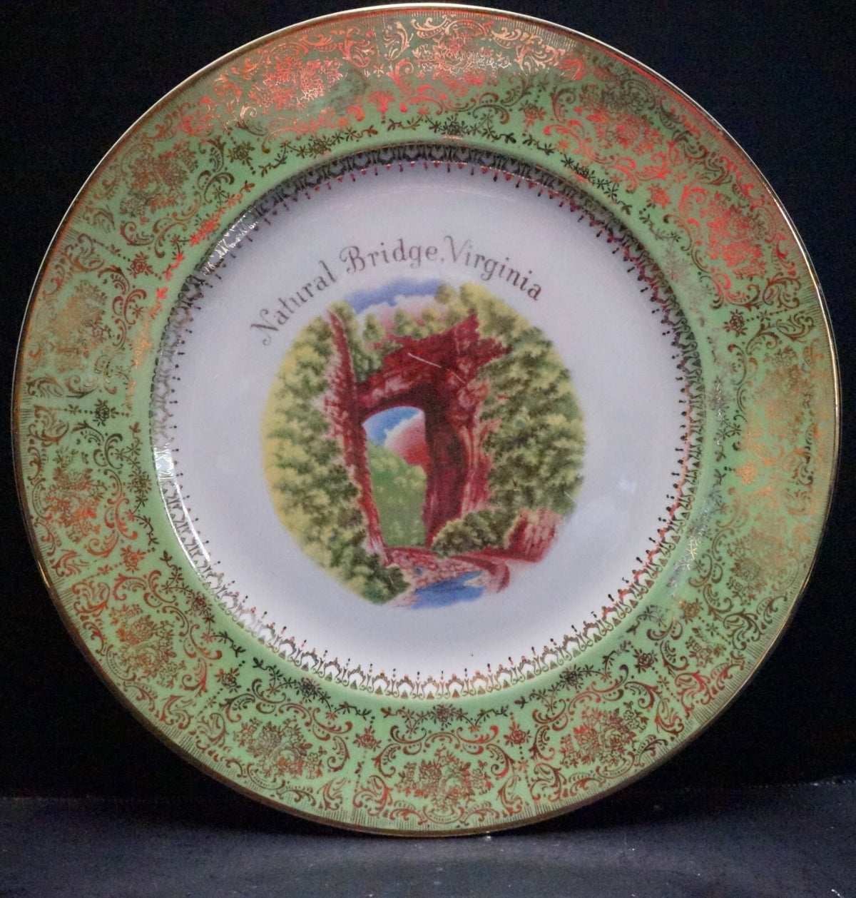 Natural Bridge, Virginia Souvenir Plate Green Border Gold Encrusted
