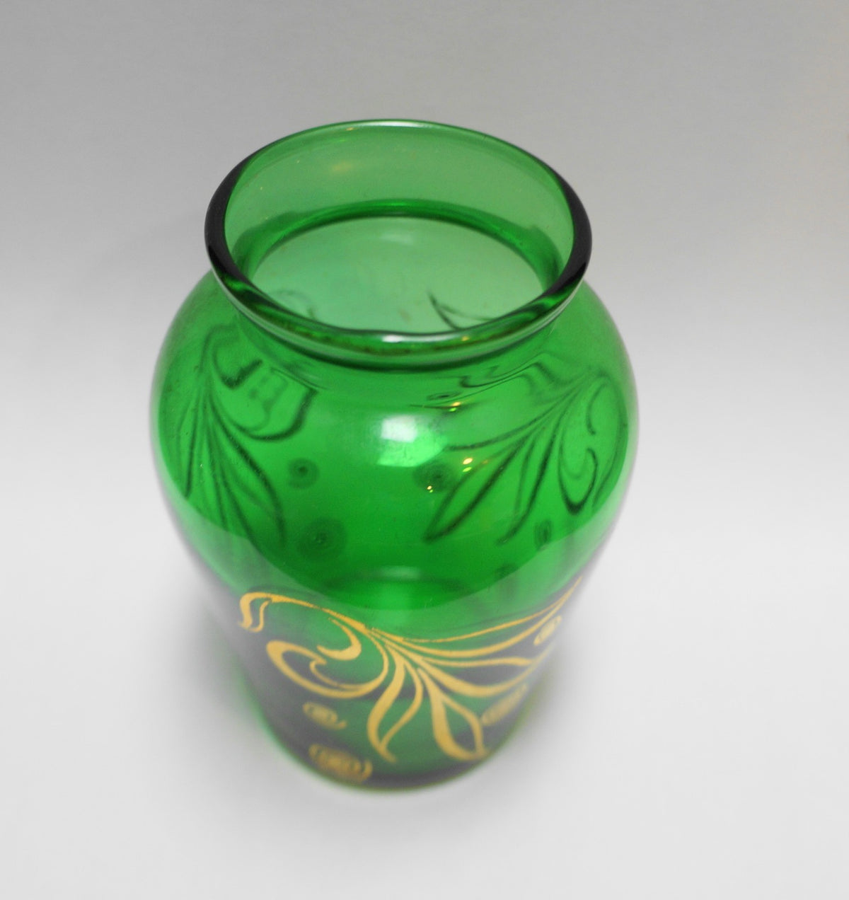 Anchor Hocking Fire King Forest Green Gold Decorated Bud Vase