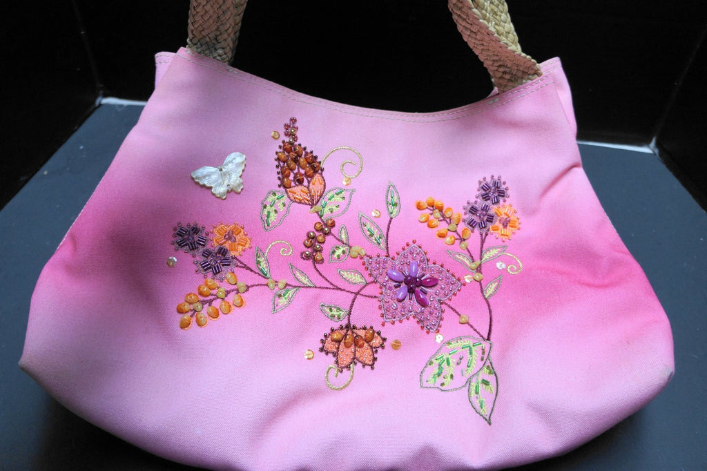 Nine West Pink Ombre Canvas Purse Shoulder Bag Embroidered Beaded Flowers