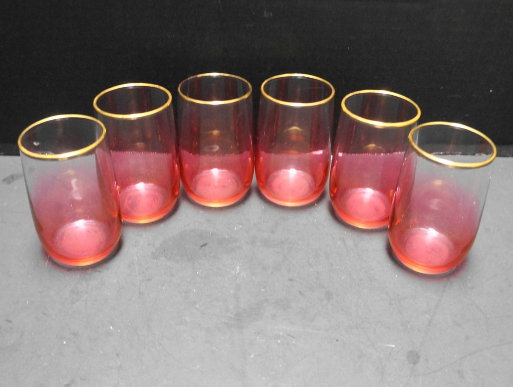 Blendo West Virginia Glass Ruby Red Ombre to Clear Gold Trim Juices Set of 6