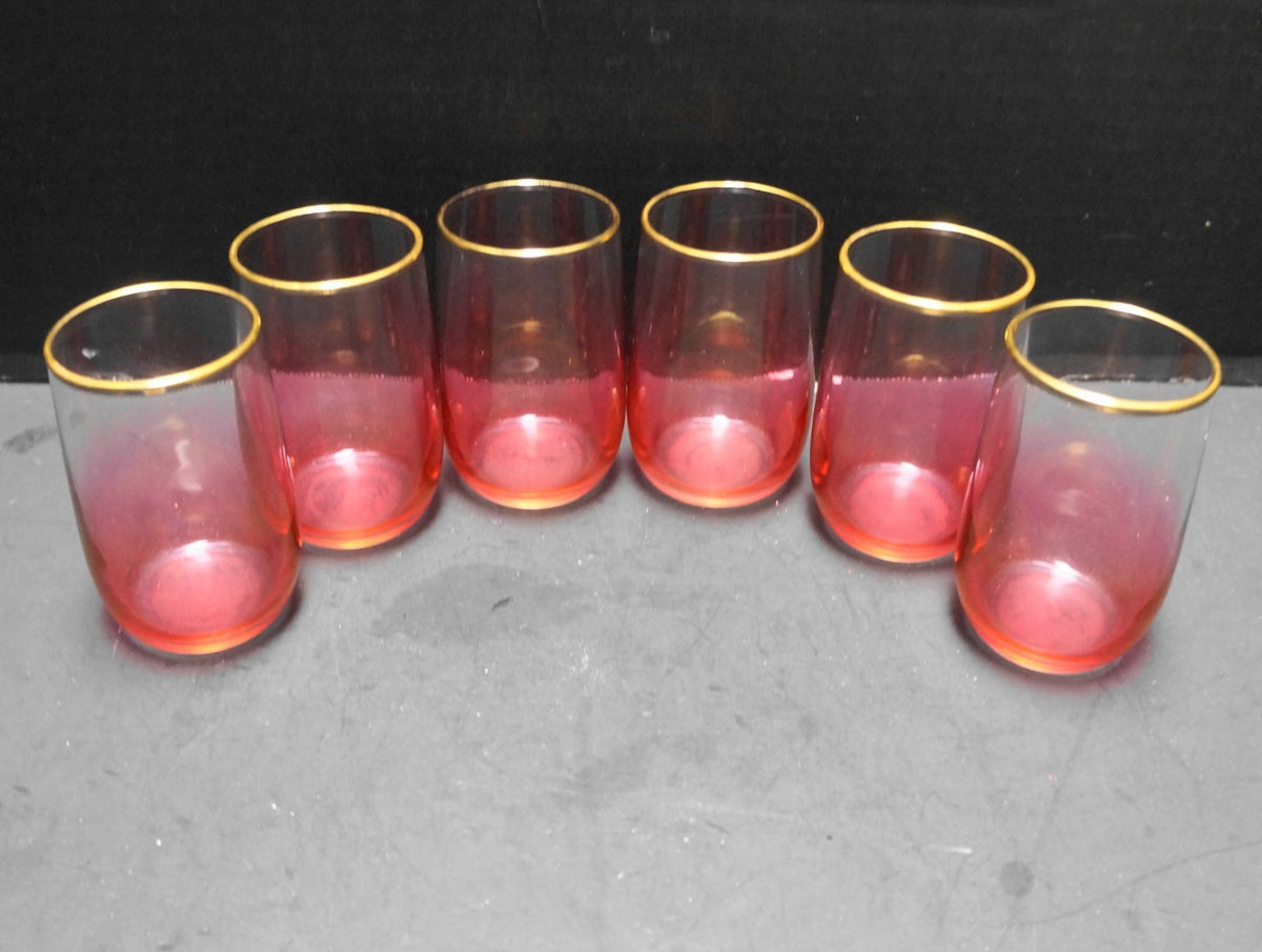 Blendo West Virginia Glass Ruby Red Ombre to Clear Gold Trim Juices Set of 6