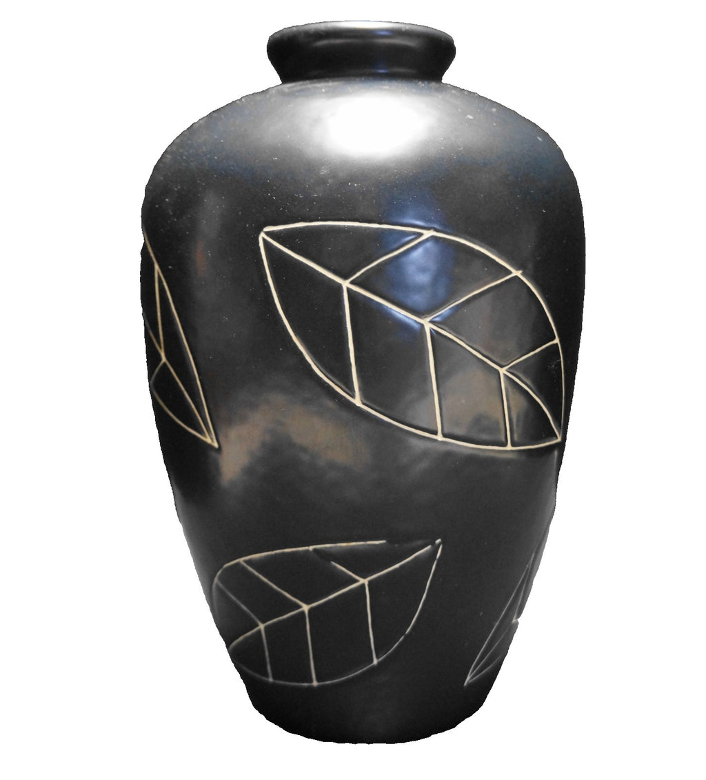 Harris Potteries Black Large 13" Table Vase Cream Incised Leaves
