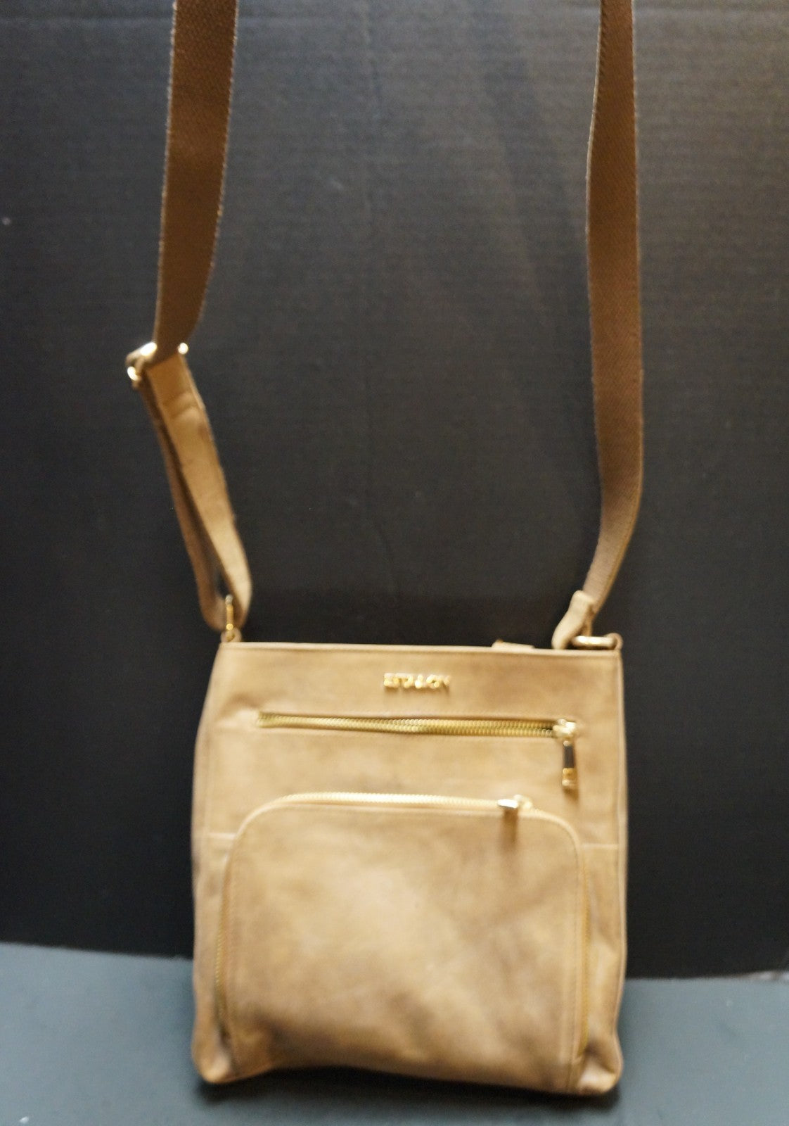 Estalon Cognac Leather Crossbody Purse Bag Medium 3 Zipper