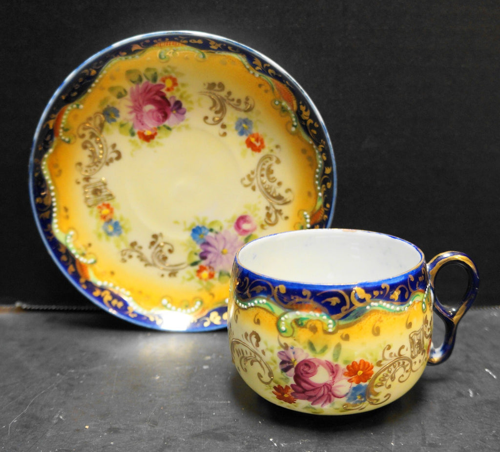 Cobalt Blue Trim Hand Painted Roses Cup Saucer Translucent Porcelain
