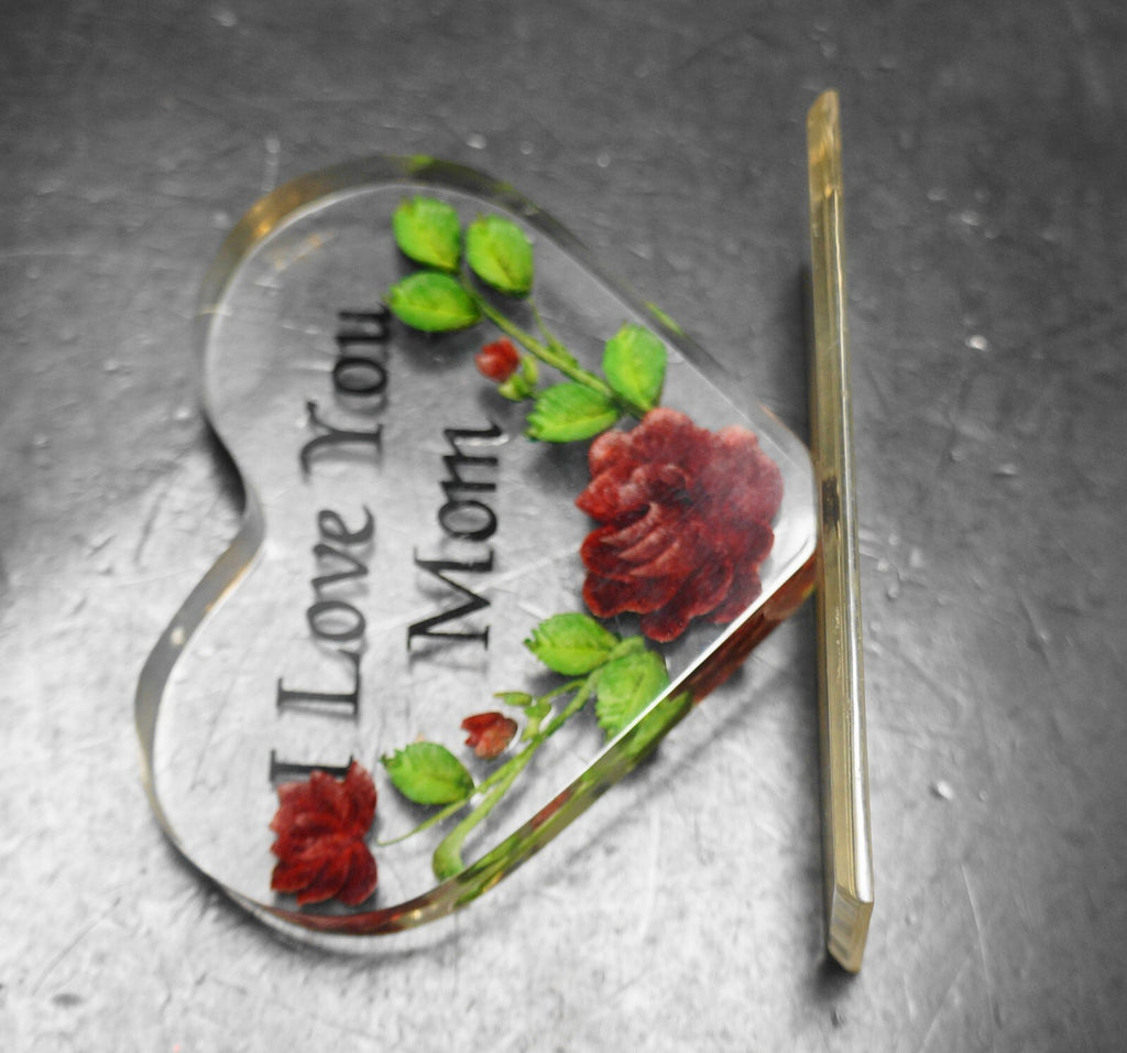 I Love You Mom Standing Heart Paperweight Carved Rose Lucite