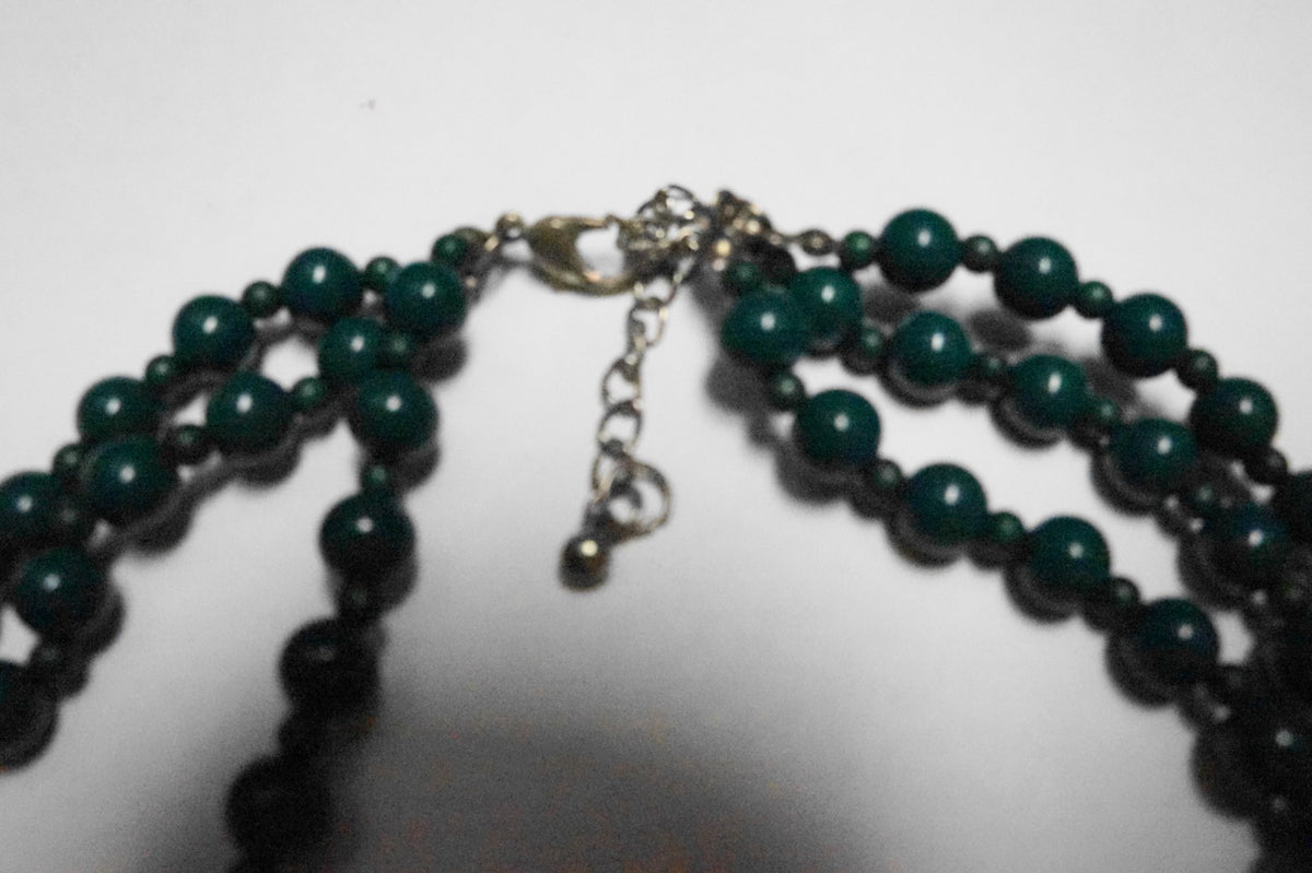 Deep Green Plastic Triple Strand Graduated Beads Necklace