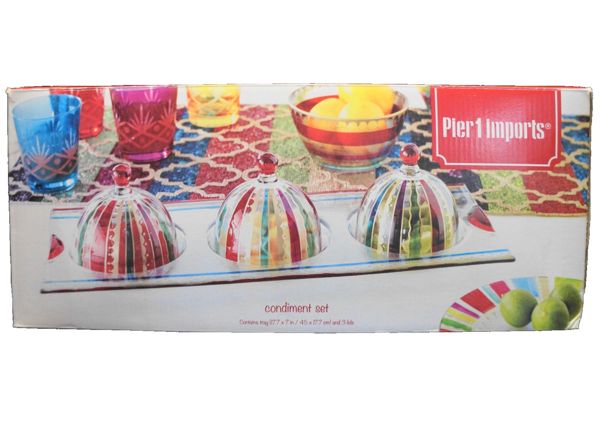 Pier 1 Imports Festive Stripe Condiment Set Hand Painted Glass NIB 2010