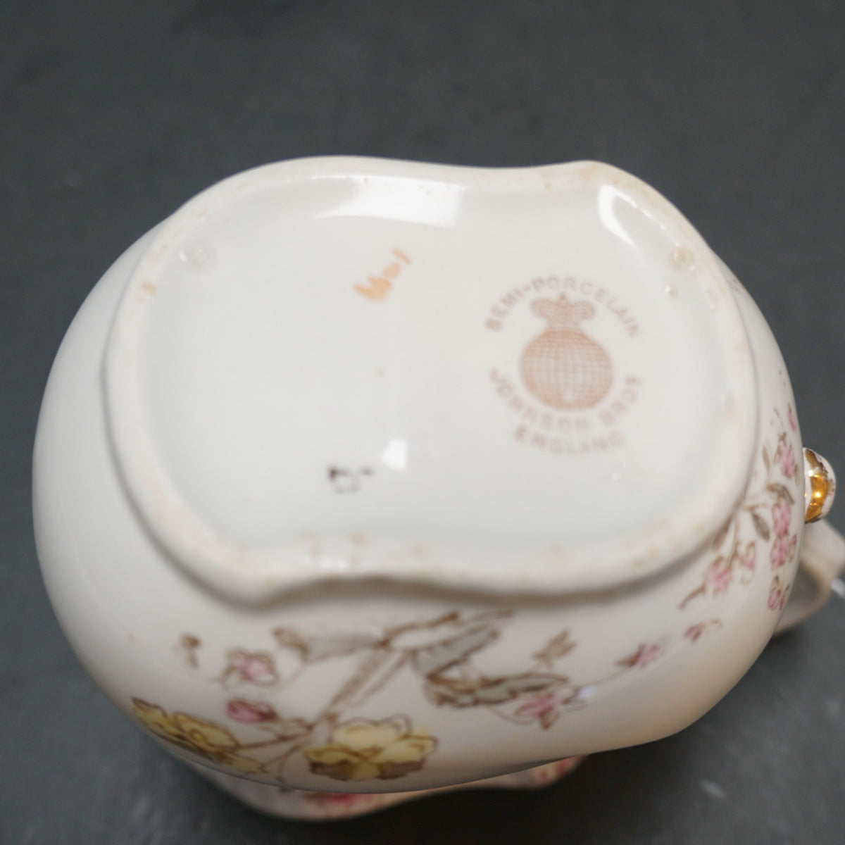 SOLD Johnson Brothers Semi Porcelain Pink Yellow Brown Transferware Flowers Creamer