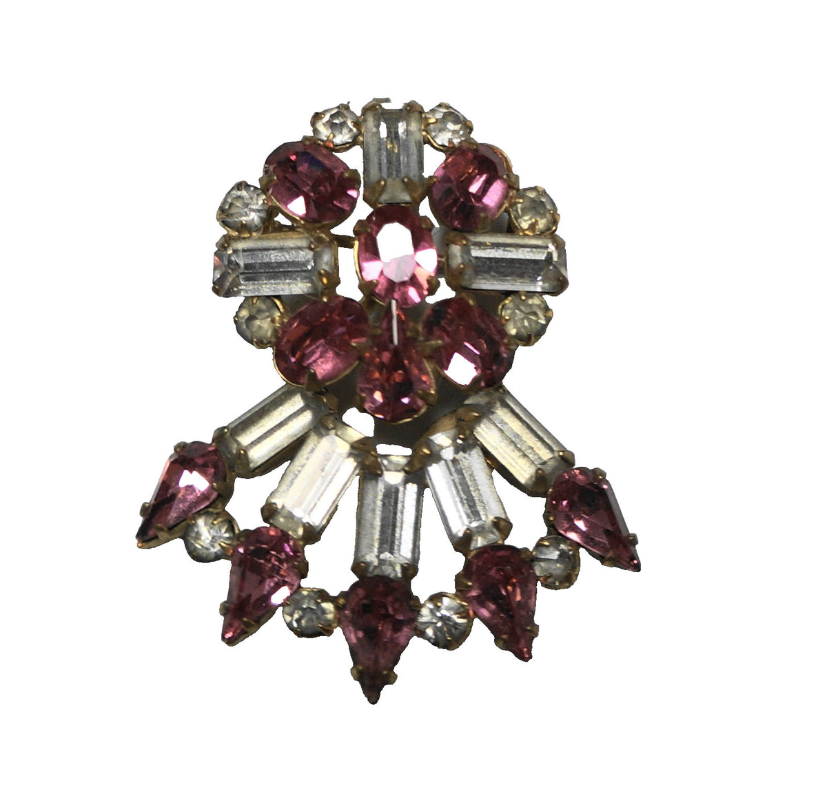 Antoinette Pink Clear Rhinestone Crystal Art Deco Brooch Pendant 1/20 12KT Gold