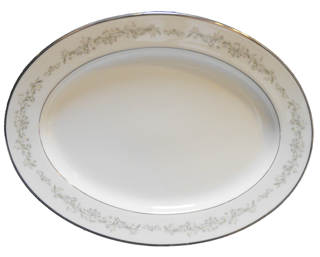 Noritake Parkridge Oval Platter White Daisies Gray Green Scrolls