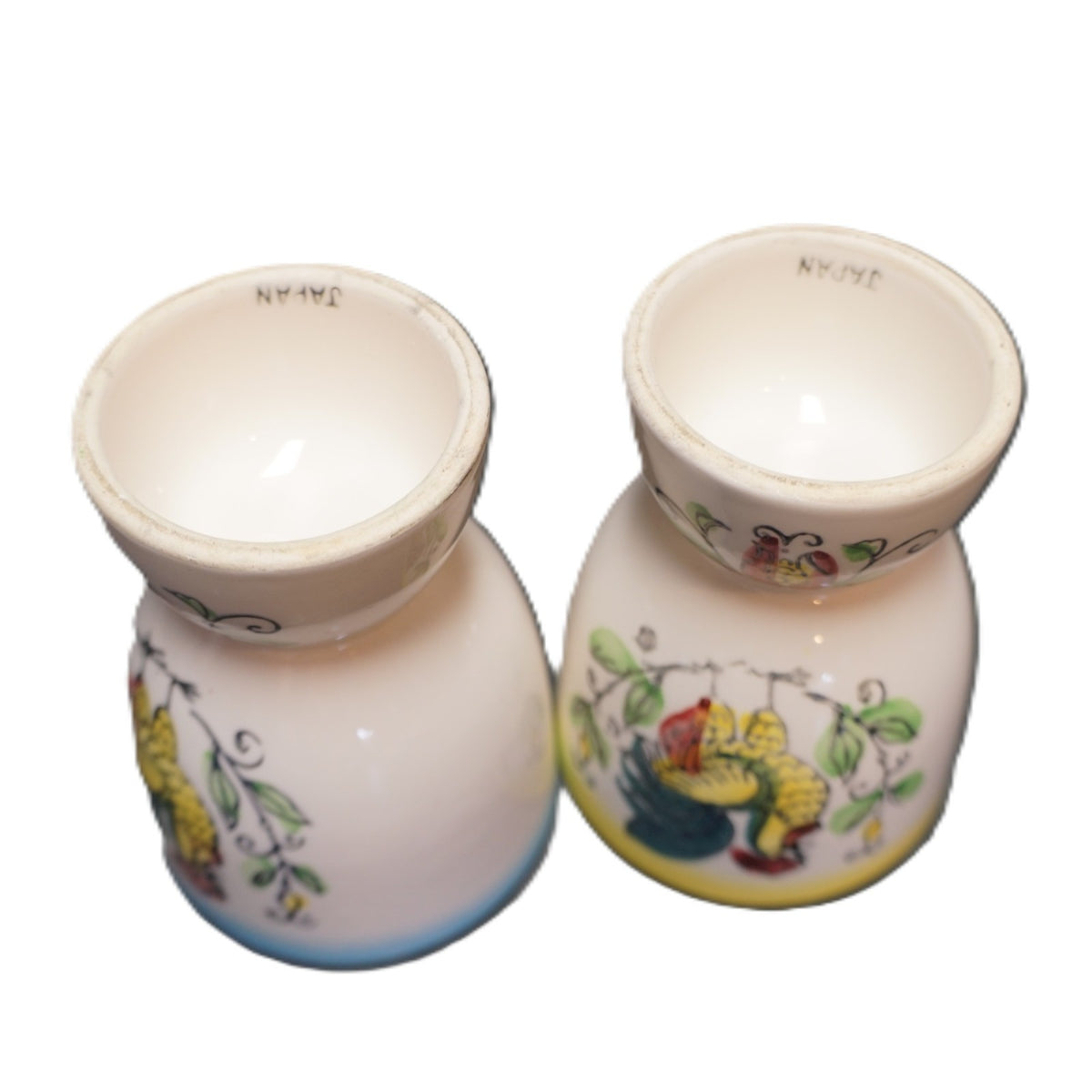 Ucagco Rooster Provincial Double Egg Cups Pair Blue Yellow Trim