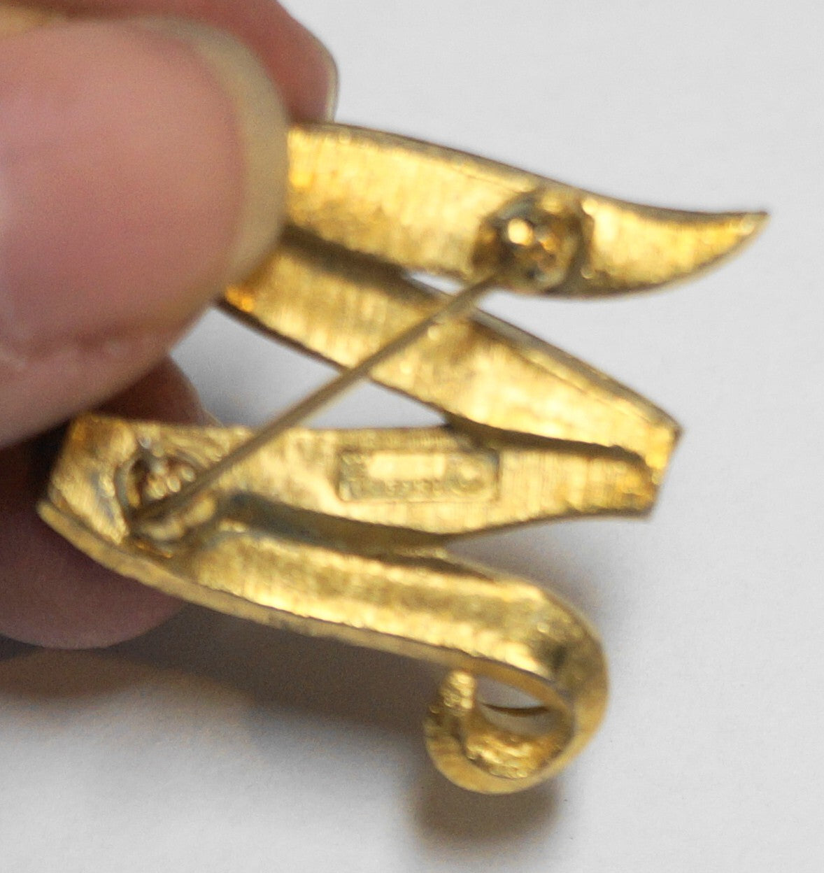 Crown Trifari M or W Initial Brushed Gold Tone Pin Brooch