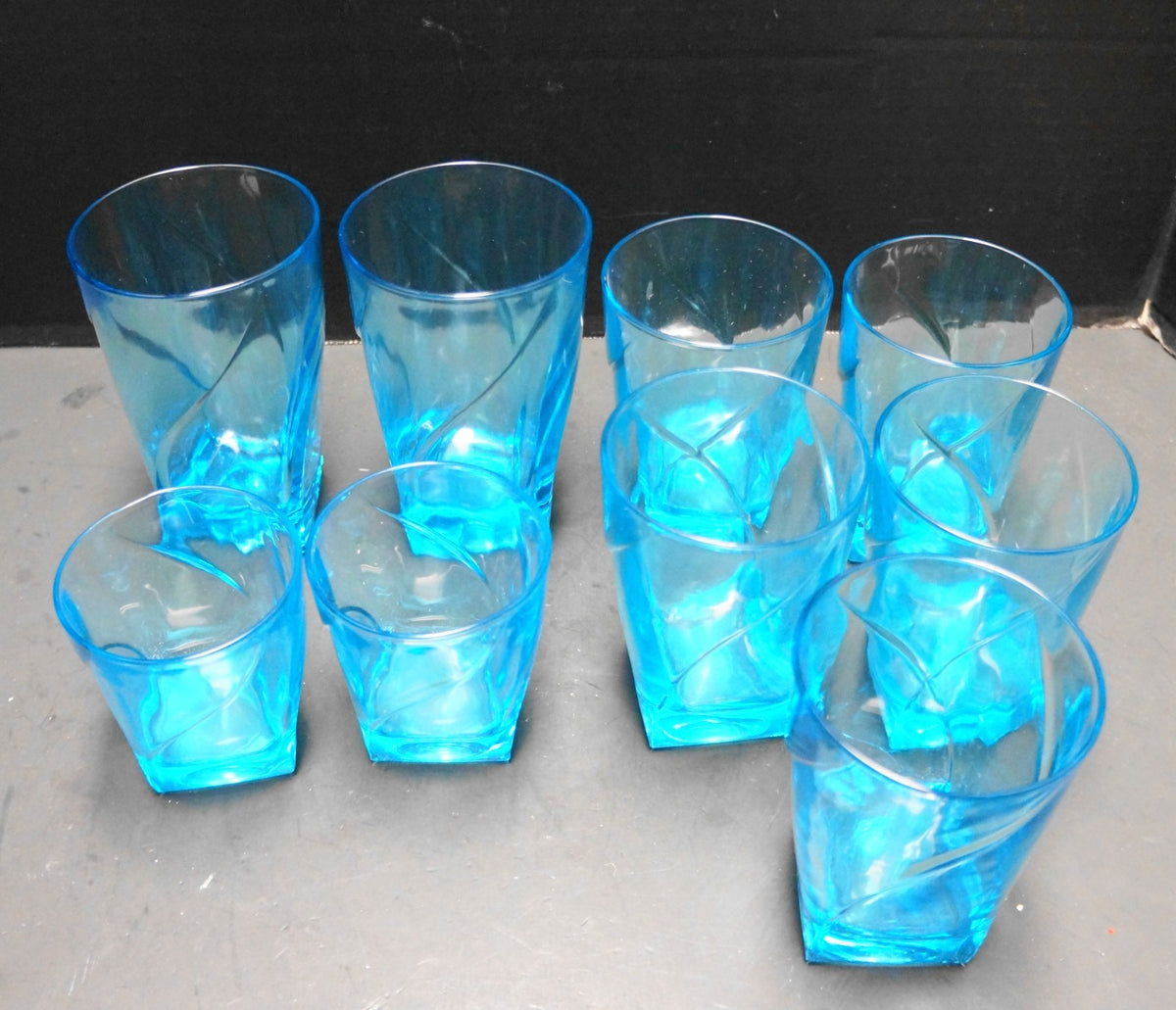 Hazel Atlas Capri Colonial Blue Swirl Square Base 9 Tumblers Various Sizes