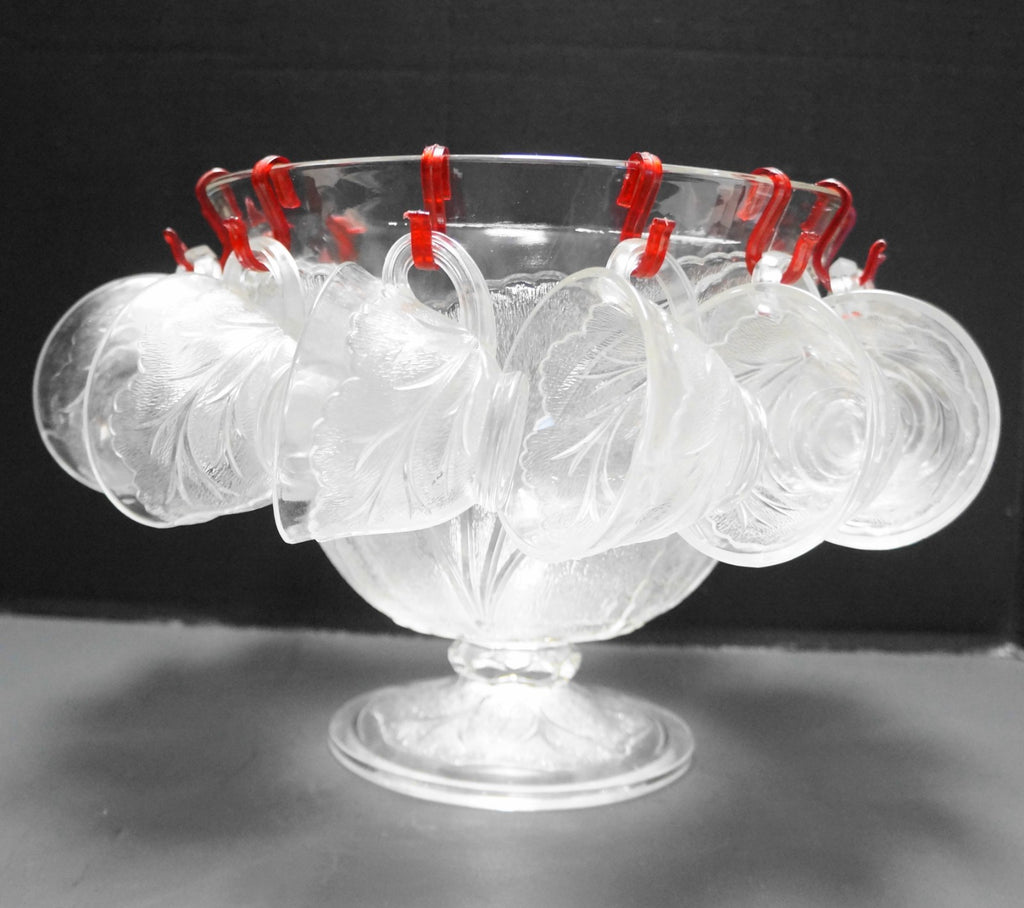 Indiana Glass Pebble Leaf Clear Glass Punch Set Footed Bowl 12 Cups