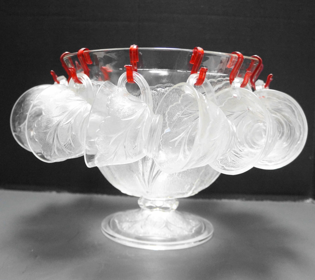 Indiana Glass Pebble Leaf Clear Glass Punch Set Footed Bowl 12 Cups