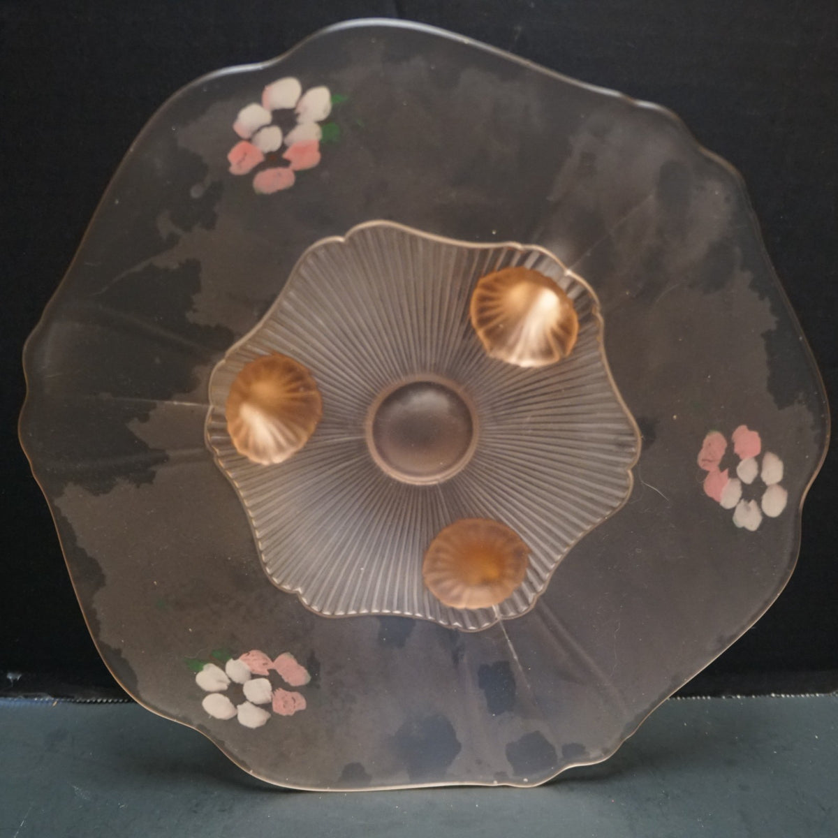 Lancaster Depression Glass Pink Satin Frosted 3 Toed Bowl Hand Painted Flowers