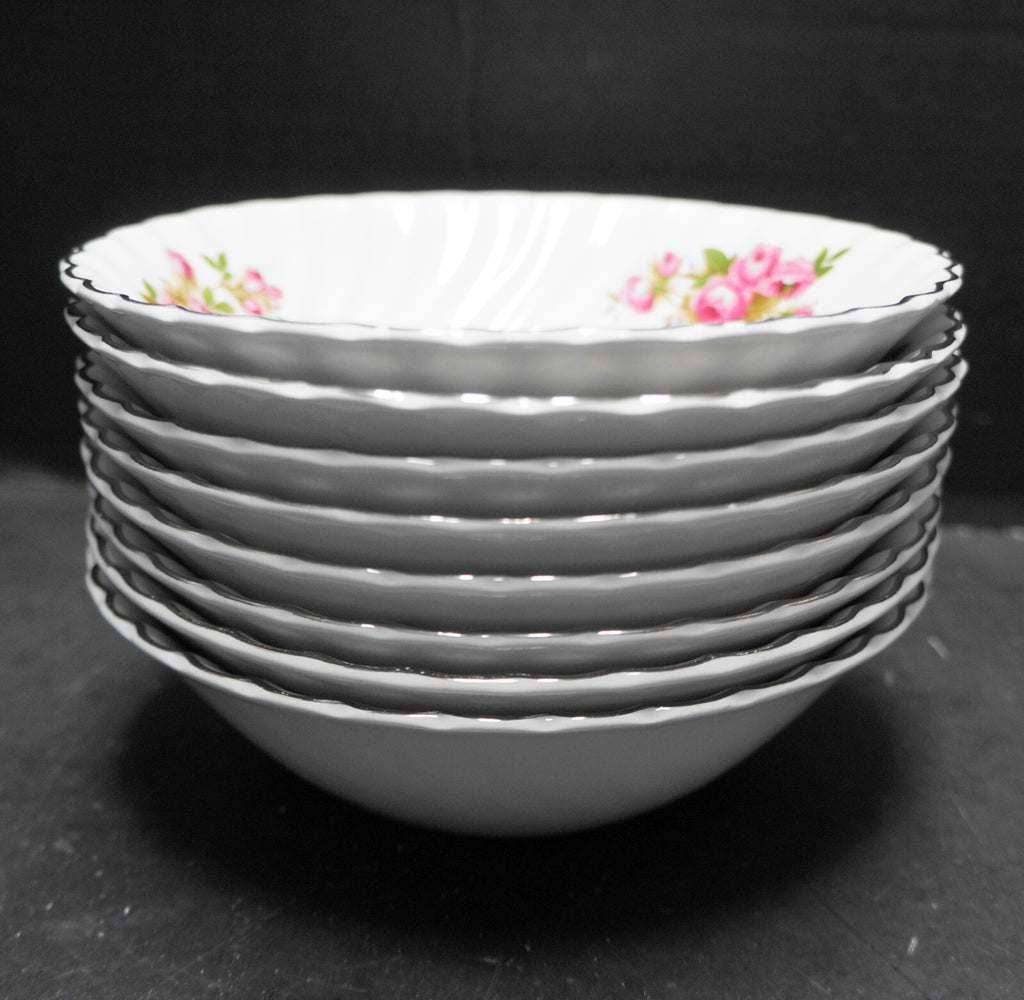 Johnson Bros England Regency Pink Roses Platinum Trim Coupe Cereal Bowls Set 8