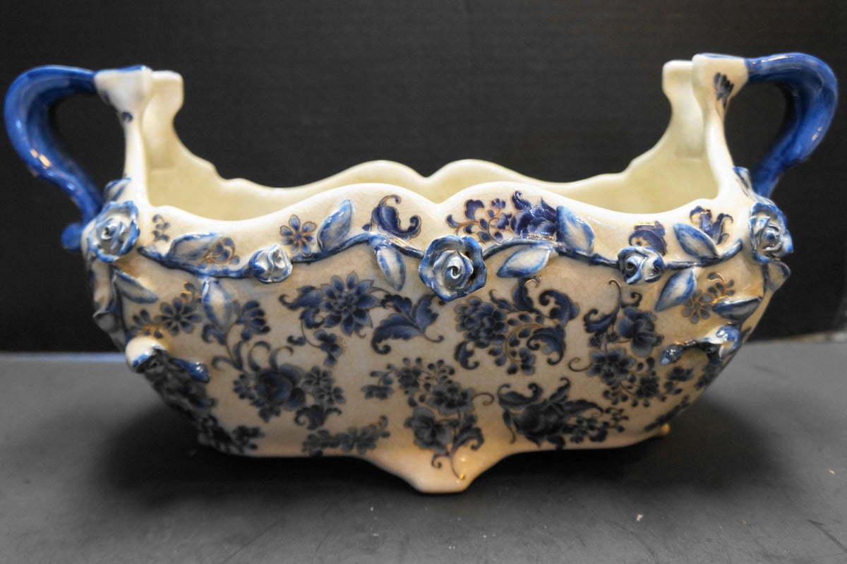 Blue White Rectangle Planter Embossed Flowers Crackle Glaze China