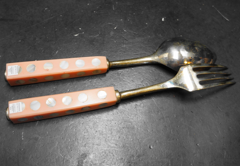 Two's Company Circles of Pearl Pink Handles Silverplated Salad Servers Fork Spoon