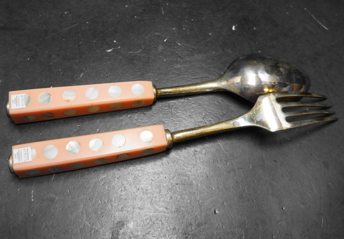 Two's Company Circles of Pearl Pink Handles Silverplated Salad Servers Fork Spoon
