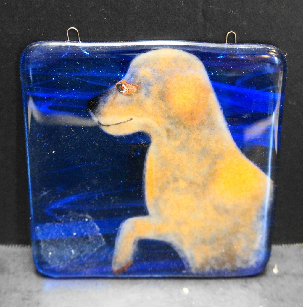 Blue Brown Dog Suncatcher Fused Art Glass Square Plaque
