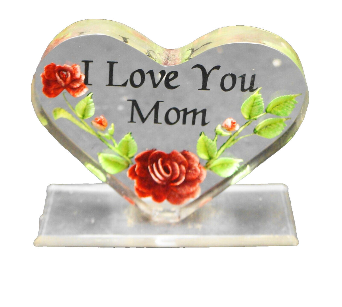 I Love You Mom Standing Heart Paperweight Carved Rose Lucite